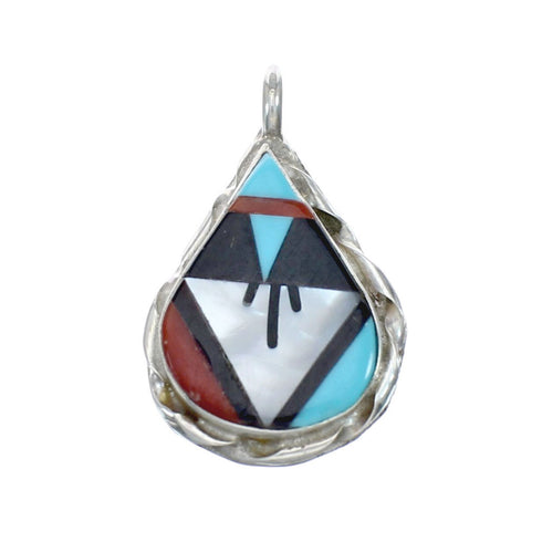 Zuni Indian Tear Drop Sterling Silver And Multicolor Inlay Pendant NX11572
